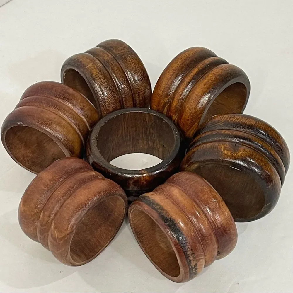 Rustic Wood Napkin Rings MCM Retro Cabin Farmhouse Casual Dark Brown Set of 7